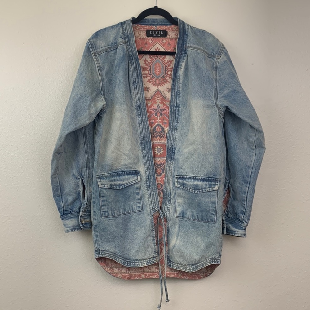 Civil Regime jean denim lined in pink parka gold embroidered jacket anorak
